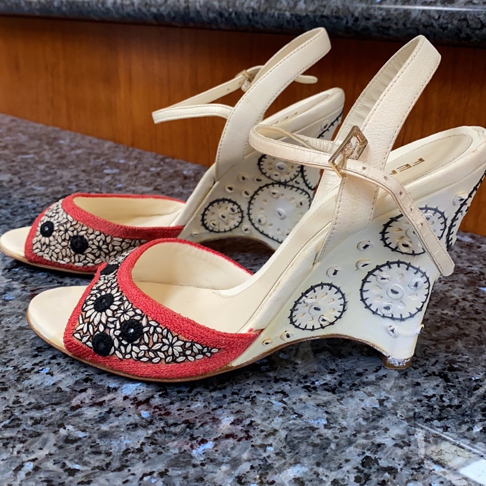 Fendi Embroidered Wedge Sandals Size 37 - Picture 8 of 9